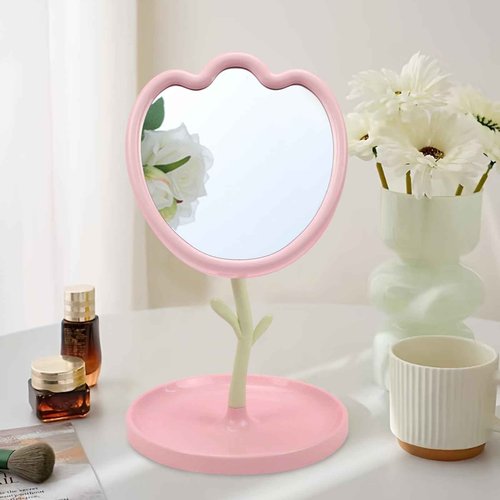LIYAZHIL Flower Shaped Desk Mirror with Tray Adjustable Angle Tabletop Vanity Makeup Mirror for Home Decoration
