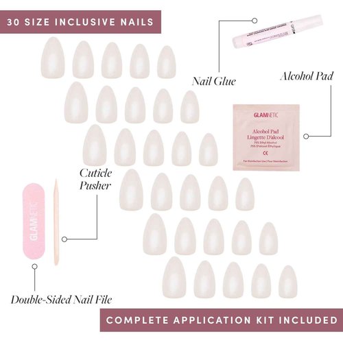 Glamnetic Press-On Nails & Adhesive Nail Tabs - Hailey | Glossy, Semi-Transparent, Short Almond Nails, Reusable | 15 Sizes - 30 Nail Kit with Adhesive Tabs