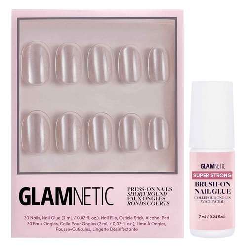 Glamnetic Press On Nails & Brush On Nail Glue Bundle - Pure Intentions | Glossy, Iridescent Short Round Nails, Reusable | 12 Sizes - 30 Nail Kit with Glue