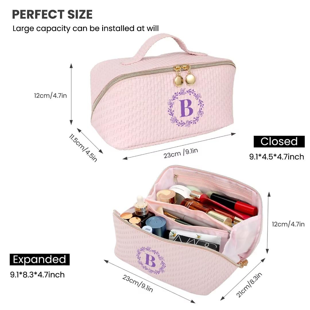 LUCKJOY Personalized Initial Makeup Bag for Women Letter Cosmetic Bag Large Capacity Travel Toiletry Bag Cute Pink Make Up Bag PU Leather Toiletry Pouch Birthday Gifts for Women Mom Bridesmaid- B