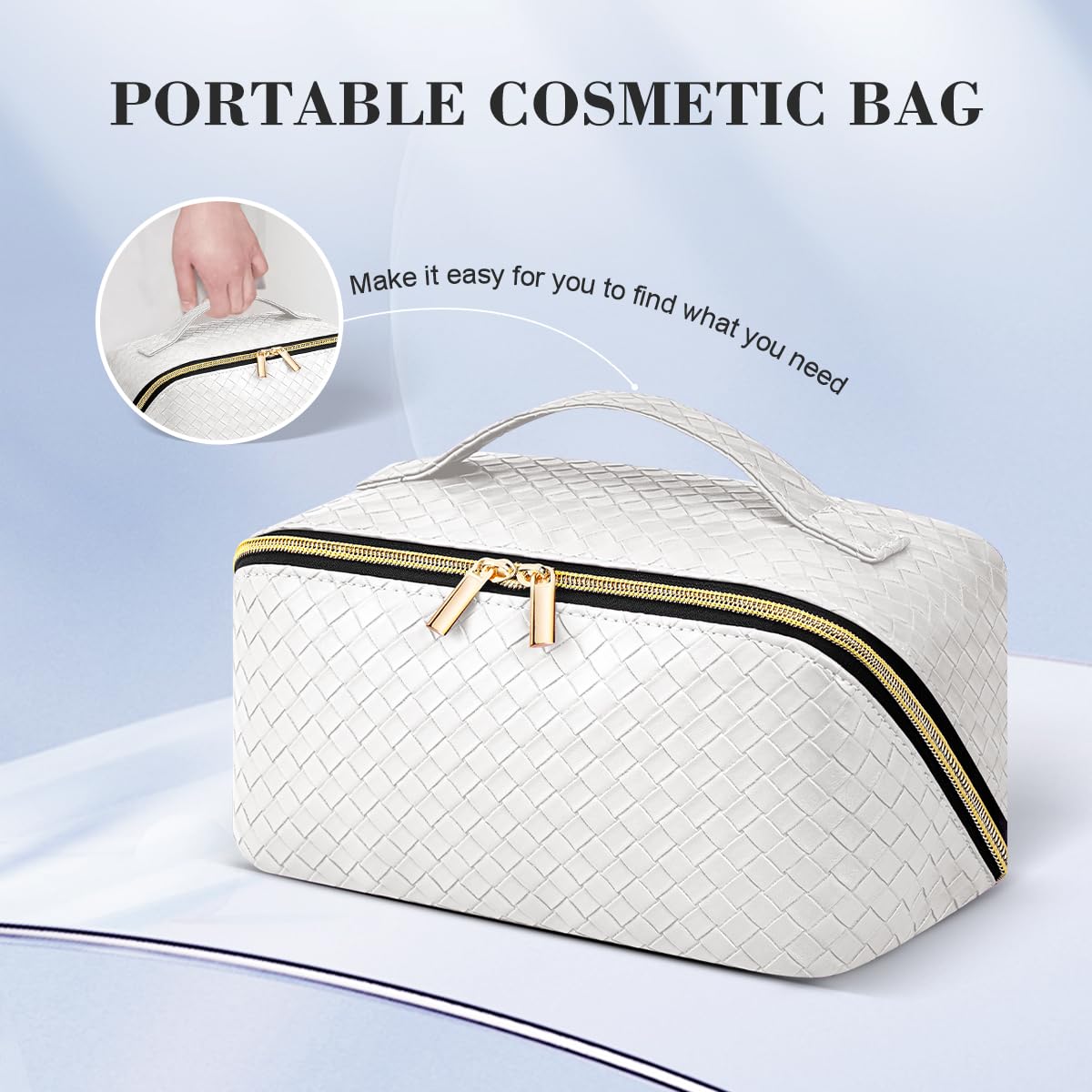 DTBG Travel Makeup Bag: Large Capacity Cosmetic Bag for Women, Portable PU Leather Waterproof Stuff Bag With Handle and Divider Flat Lay Makeup Pouch Toiletry Bag Birthday Gift for Women - White