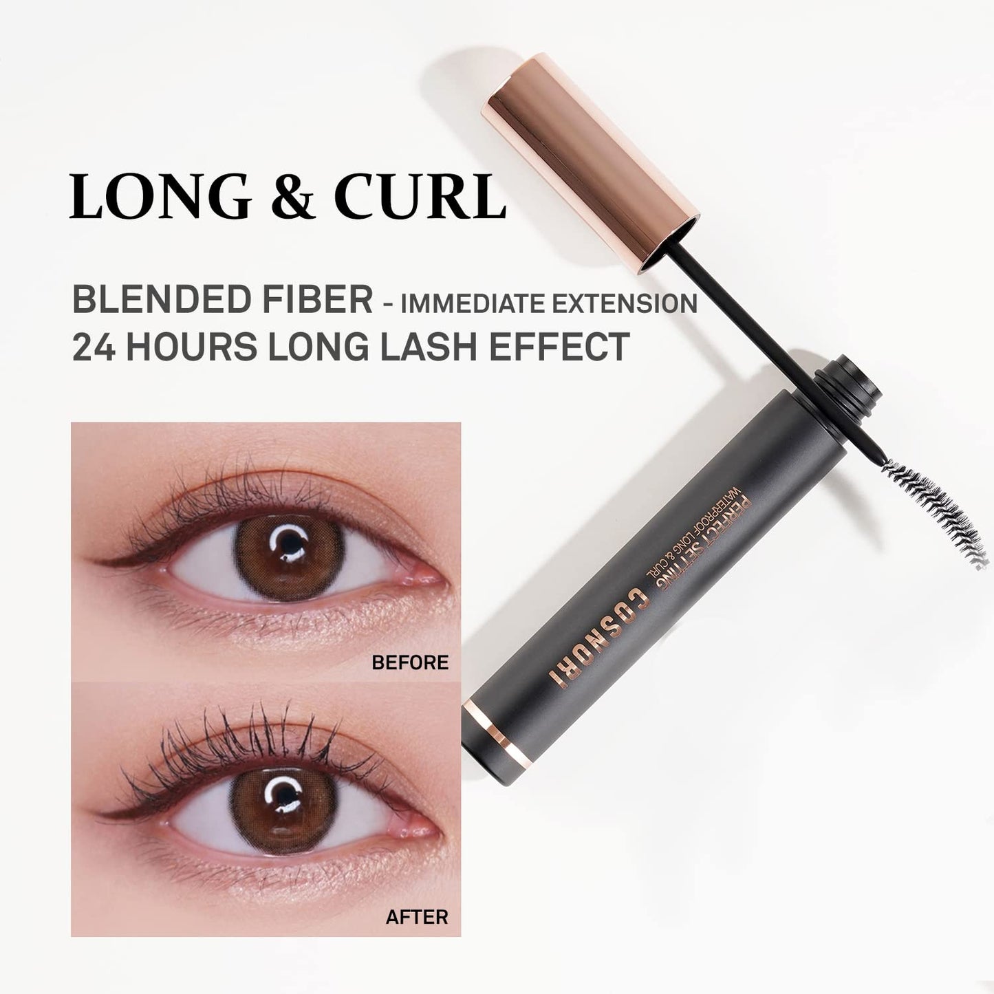 COSNORI Perfect Setting Waterproof Mascara Long & Curl - Lengthening Fiber Mascara Black – Natural Lash Extension – Waterproof, Smudge Proof, Clump Free – Irritation Free Tested, 0.24 fl.oz.