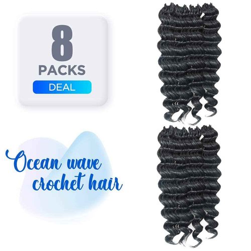 ToyoTree Ocean Wave Crochet Hair - 16 Inch 8 Packs Natural Black Mid-Length Curly Deep Wave Crochet Hair, Synthetic Ocean Wave Braiding Hair Extensions (16 Inch,1B-8P)