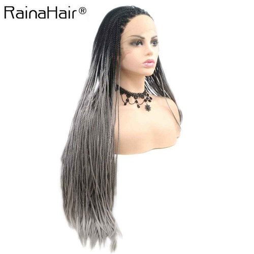 RainaHair 26inch Afro American Women Box Braided Wigs Dark Rooted Grey Lace Front Wigs for Women Heat Resistant Synthetic Hair Handmade Braids Wigs Drag Queen Halloween Cosplay Daily Wear