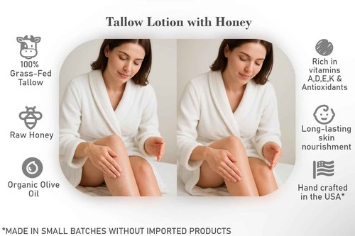 100% Grass-Fed Tallow & Raw Honey Body, face Lotion with Olive Oil & Frankincense + Myrrh Infused Castor Oil