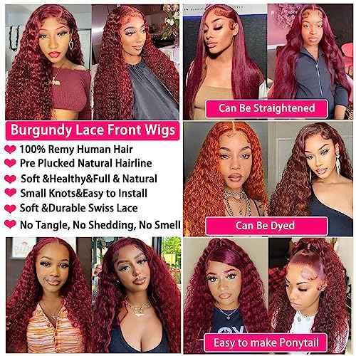 Burgundy Lace Front Wigs Human Hair 99J 13x4 HD Deep Wave Lace Front Wigs Human Hair Pre Plucked Colored Wine Red Wig Glueless With Baby Hair Wigs For Women