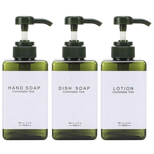 GOYISEE Plastic Refillable Hand Soap Dispenser Modern Square Pump Bottle for Bathroom Vanities or Kitchen Sink, Countertops - 3 Packs with Waterproof Label(Green)