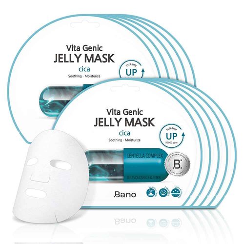 Bano Vita Genic Jelly Face CICA Mask 10EA – Soothing & Hydrating Sheet Mask for Sensitive Skin, Korean Glass Skin Care with Centella, Vitamin C, Biotin & Niacinamide, Fragrance-Free