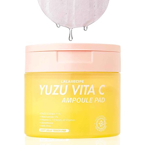 LALARECIPE Yuzu Vita C Ampoule Pads – Korean Jelly Glow with AHA, PHA, Niacinamide & Vegan Collagen – Exfoliating & Brightening Toner for Radiant Skin (80 Pads)