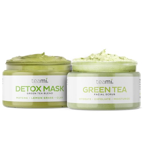 Teami Green Tea Mask + Face Scrub Skincare Bundle - Deep Cleansing Pore Minimizer & Blackhead Remover Detox Facial Mask (6.3oz) + Natural Exfoliating Body Scrub & Face Scrub (4oz)