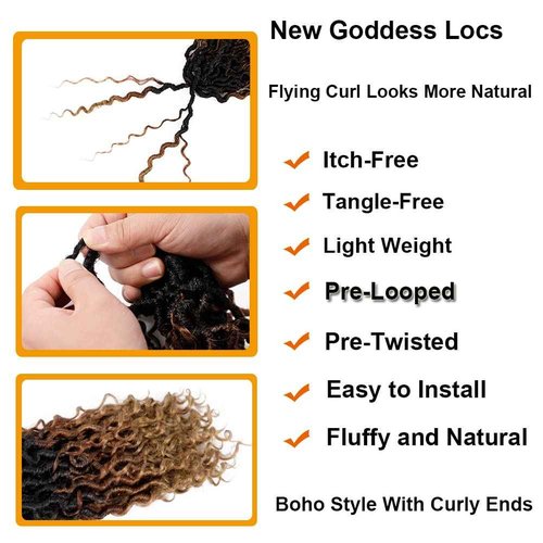 Crochet Hair for Black Women 14 Inch 7 Packs Goddess Locs Crochet Hair Faux Locs Pre-looped River Hair with Curly Ends(1B/30/27#)