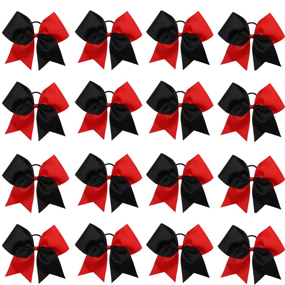 16PCS 8" Large Cheer Hair Bows Ponytail Holder Elastic Band Handmade for Cheerleading Teen Girls College Sports (Red/Black, 16 Count (Pack of 1))