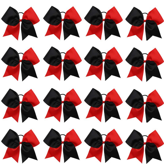 16PCS 8" Large Cheer Hair Bows Ponytail Holder Elastic Band Handmade for Cheerleading Teen Girls College Sports (Red/Black, 16 Count (Pack of 1))