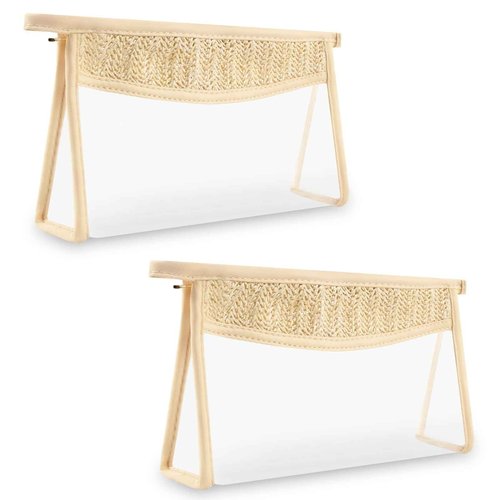 2 Pcs Boho Clear Makeup Bag Cosmetic Zipper Pouch Purse, Clear Toiletry Bags Travel Small Preppy Cute Chenille Letter Bag, Transparent Waterproof Clutch Make Up Organizer Storage Bag for Women Girls