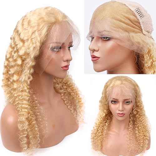 613 Lace Front Wig Human Hair Pre Plucked with Baby Hair Deep Wave Blonde Virgin Hair Pre Plucked 13x6 HD Transparent Frontal Wigs with Baby Hair 24 Inch 150% Density Glueless Curly Wigs for Women