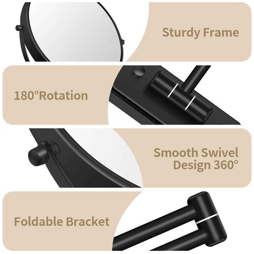 BTremary 8” Wall Mounted Magnifying Makeup Mirror 1X/7X Wall Mount Mirror Swing Arm Two-Sided 360° Swivel Bathroom Shaving Mirror for Men and Women in Hotel/Home, Black