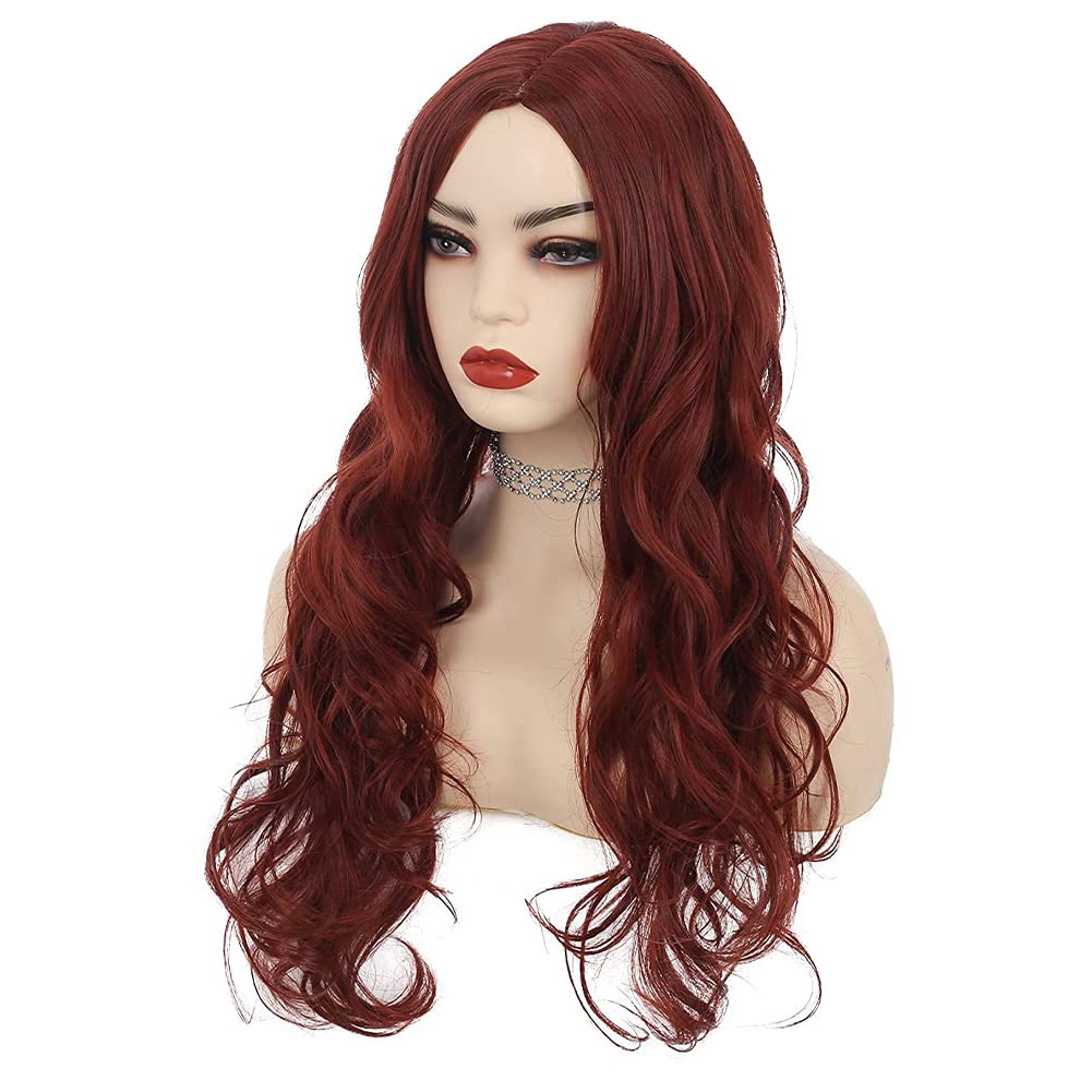 Kaneles Burgundy Curly Long Wigs for Women Wave Wig Wine Red Synthetic Wigs Middle Part Wigs Heat Resistant Fiber Halloween Cosplay Party Full Wigs(Wine Red)