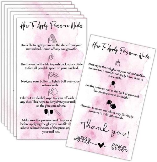 Press-On Nail Application Instructions Cards, Aftercare Instructions Cards, 50 Pack 3.5 x 2inch inch Business Card Size, DIY Press-On Nail Kit, White and Pink Design