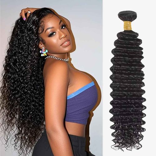 Deep Wave Human Hair Bundles 24 Inch Deep Wave Bundles 100% Unprocessed Brazilian Virgin Hair 1 Bundle Curly Bundles Hair Extensions Real Human Hair Wavy Quick Weave Bundle Natural Black