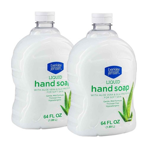 Berkley Jensen Hand Soap Refills, Liquid Soothing Aloe Vera Moisturizing Refill 64 Fl Oz (Pack of 2) Silk Proteind Soft Soap for Soft Skin