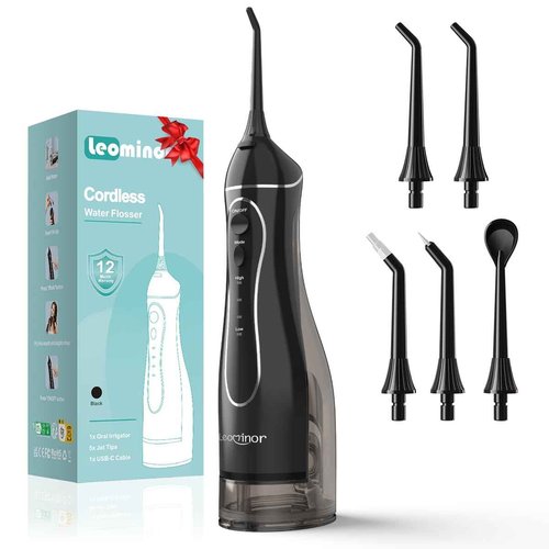 Leominor Water Flosser Pick for Teeth, 300ML Portable Oral Irrigator Upgraded Tank Removable,IPX7 Waterproof, Rechargeable Travel Teeth Cleaner, Professional Electric Flossing Machine (Black)