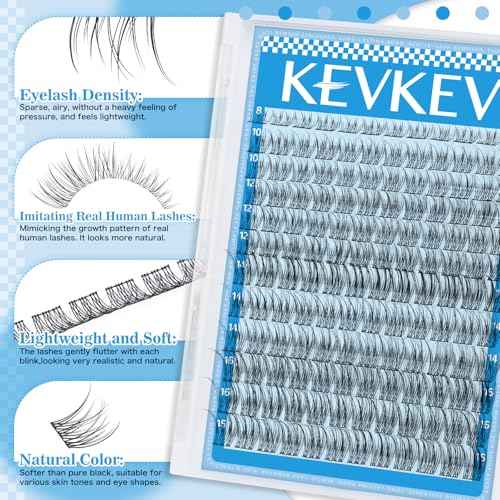 KEVKEV Wispy Lash Clusters Ultra-Thin Band Natural Eyelash Clusters 8-16mm Soft Cluster Eyelash Extensions Mix Length Ultra-Light Natural Look Natural Lash Clusters DIY Lash At Home(Wispy03)