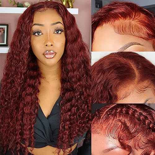 Reddish Brown Deep Wave Lace Front Wigs Human Hair 33b Colored 13x4 HD Lace Frontal Wig for Women 180% Density Auburn Glueless Curly Wig Pre Plucked 20 Inch