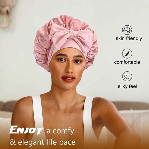 Double Layer Satin Silk Hair Bonnet for Sleeping Women Reversible Adjustable Bonnet with Tie Band for Curly Natural Braids Hair - Blush Pink