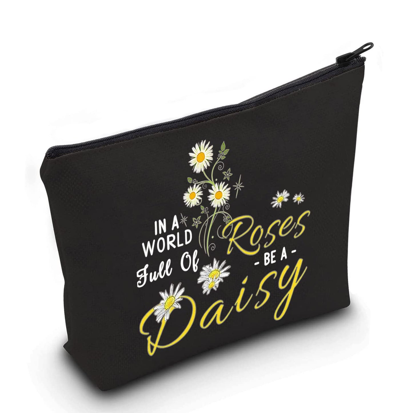 LEVLO Daisy Flower Cosmetic Bag Daisy Lover Gift In A World Full Of Roses Be A Daisy Makeup Zipper Pouch Bag (Be A Daisy Black)