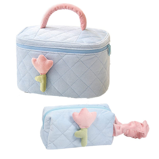 TrueLux Cute Corduroy Makeup Bag Set of 2(Light Blue),Quilted Travel Cosmetic Organizer Bag with Tulips, Velvet Toiletry Bag with Portable Makeup Pouch for Women Girls