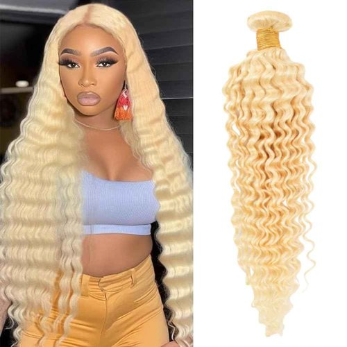 LIXION 613 Bundles Human Hair 16 Inch Blonde Deep Wave Bundles Human Hair 1 Bundle 14A Grade 100% Unprocessed Brazilian Virgin Raw Hair Weave Extensions for women 100g