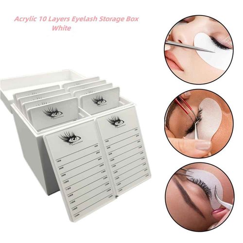 LIXIMMAZN 10 Layers Acrylic Eyelash Storage Box,Eyelash Holder Extension Tool,Makeup Organizer False Eyelashes Glue Pallet Holder, Grafting Eye lashes Close-Packed Display with 10 Pallets (White)