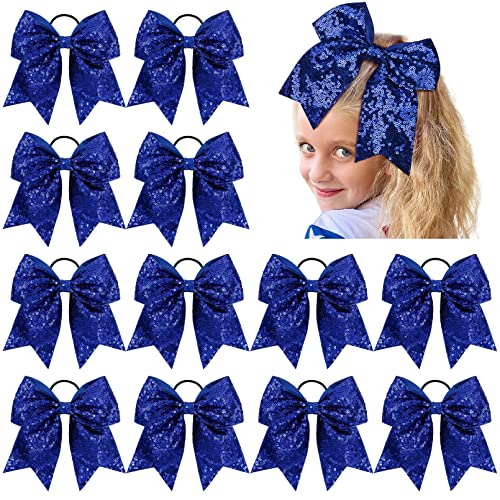 12 PCS 8" Large Glitter Cheer Bows Blue Girl Hair Bows Sparkly Cheerleading Softball Team Bow Hair Accessories for cheerleaders football Competition Sports