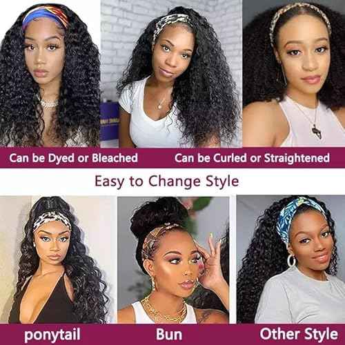 Headband Wig Human Hair Wigs 18-Inch Curly Deep Wave Headband Wig Wear and Go Glueless Wig Natural Color