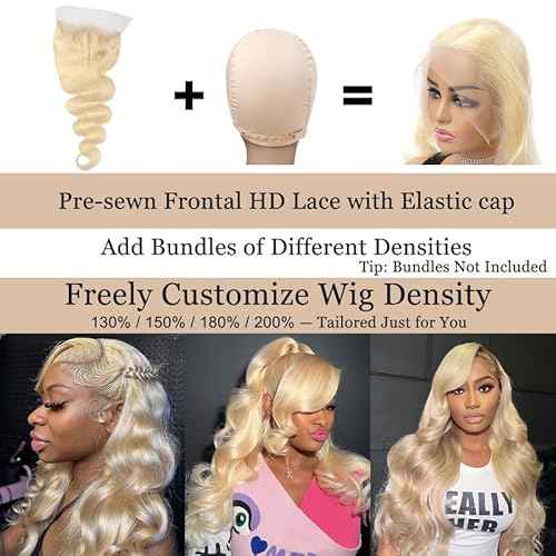 Pre-sewn 9x6 HD Lace Closure with Glueless Cap ? Body Wave Human Hair Closure with Baby Hair, Bleach & Dye Friendly, Beginner Friendly 16 Inch 613 Blonde