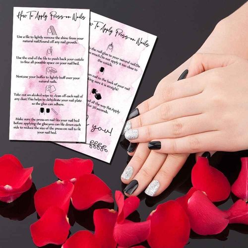 Press-On Nail Application Instructions Cards, Aftercare Instructions Cards, 50 Pack 3.5 x 2inch inch Business Card Size, DIY Press-On Nail Kit, White and Pink Design