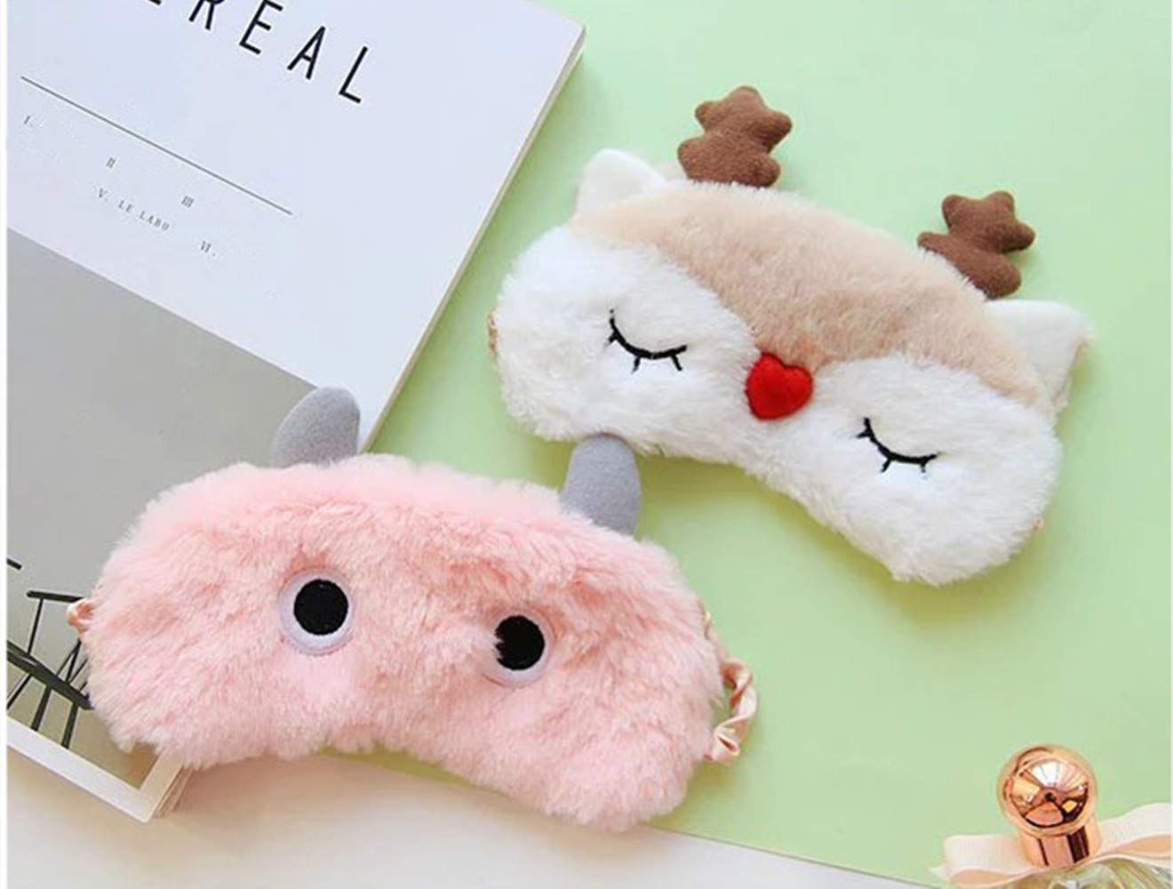 Fxaelian Cute Cartoon Animal Pink Eye Mask for Sleeping Sleep Mask Smooth Soft Plush Comfortable Sleping Mask with Adjustable Strap Blindfold Eye Cover for Women Kids Adult Girls Boys Pink