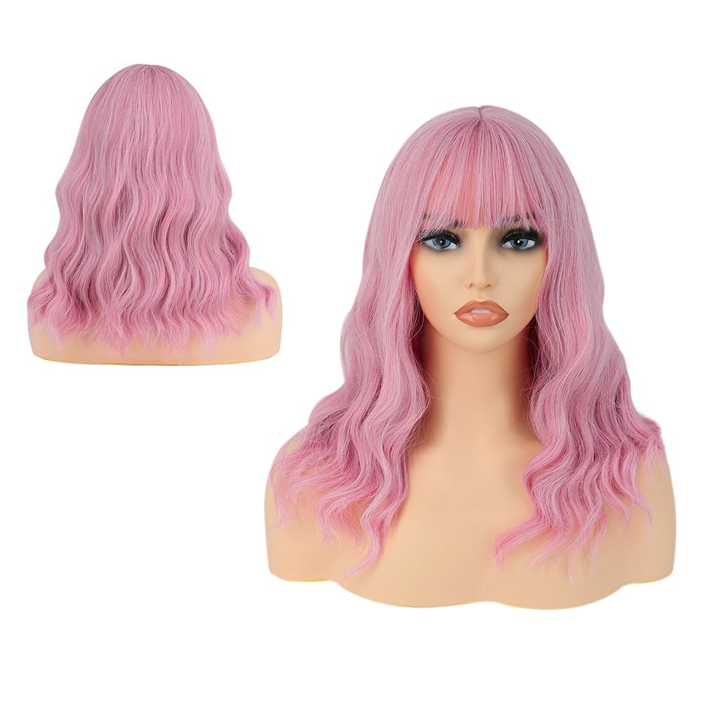 HUAISU Short Pink Curly Hair Wig with Bangs Synthetic High Density Shoulder Length Bob Wavy Wig for Women One Piece Heat Resistant Fluffy Cosplay Wig(Pink, 14inch)