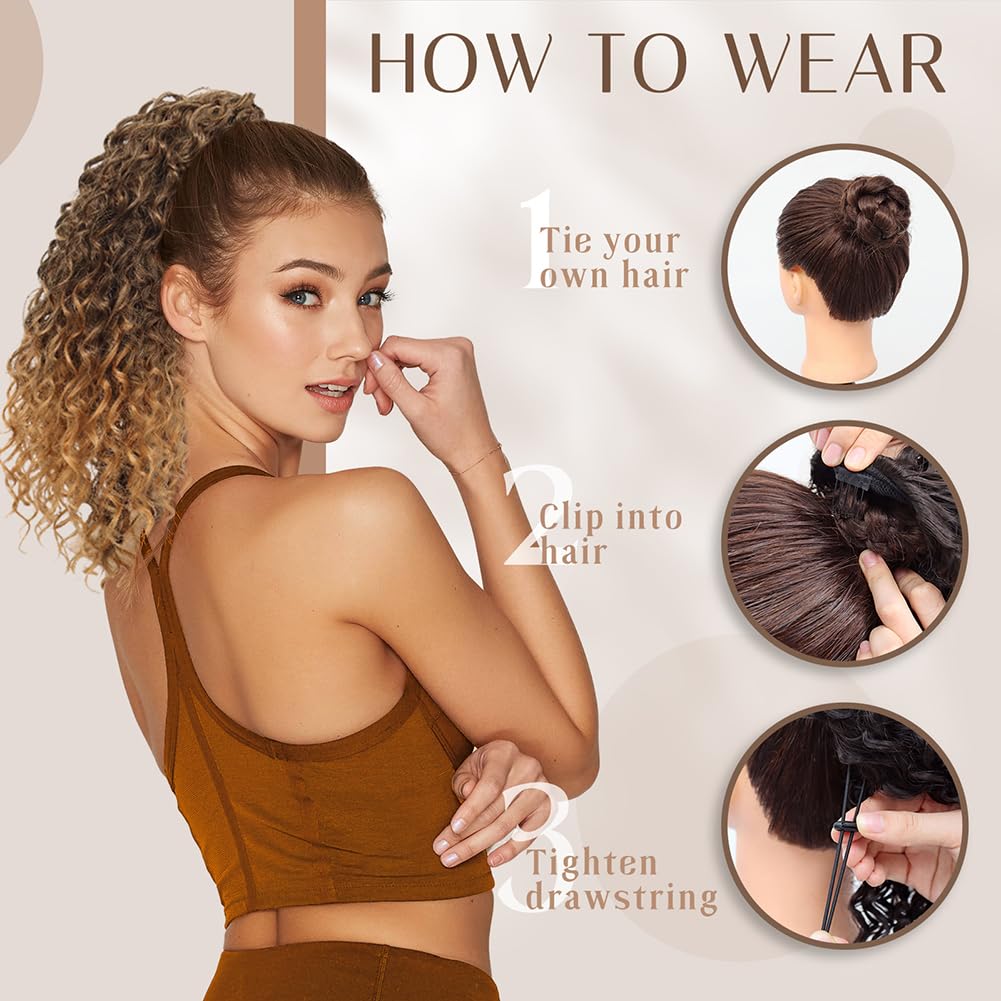 LOSMOEER Ponytail Extension 10 Inch Drawstring Ponytail Hair Extensions for Women Reddish Brown Short Kinky Curly Ponytail Fake Hairpiece Daily Party Use