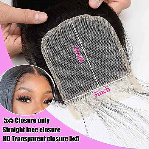 5x5 Closure Straight Human Hair 5x5 Hd Transparent Lace Closure 12A Virgin Human Hair Hd Lace Closure Pre Plucked With Baby Hair Natural Black Color(18inch)