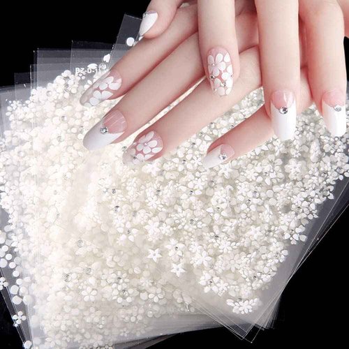 Flowers Nail Art Stickers 3D Self Adhesive Nail Art Supplies White Flower Stickers with Rhinestones Nail Design Floral Blossom Nail Decals for Nails Decorations Manicure Accessories 30Sheets