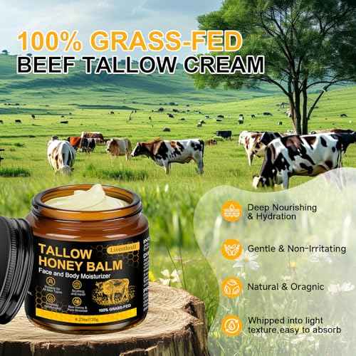 Organic Beef Tallow Honey Balm for Skin & Face, Whipped Beef Tallow Face Moisturizer with Raw Honey, Grass Fed Cow Beef Tallow Cream, All Natural Pure Body Lotion for Women & Men, Unscented 4.2 OZ