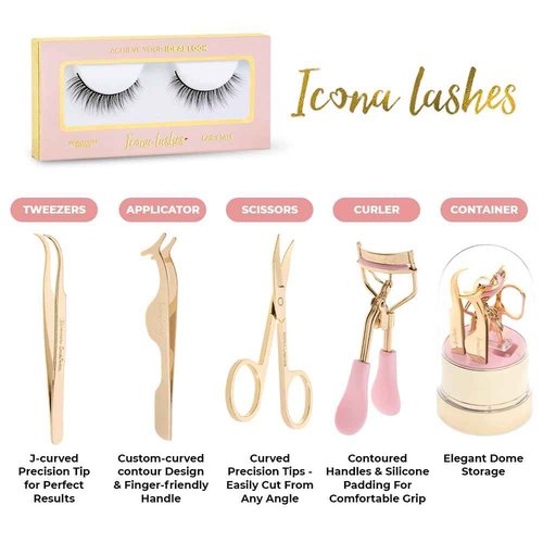 Icona Lashes 4-in-1 False Eyelash Tool Kit - DIY Lash Extension Kit with Tweezer, Curler, Scissors, Applicator - 24K Gold Plated Stainless Steel Accessories in Clear Dome Organizer, Beautiful Gift Box