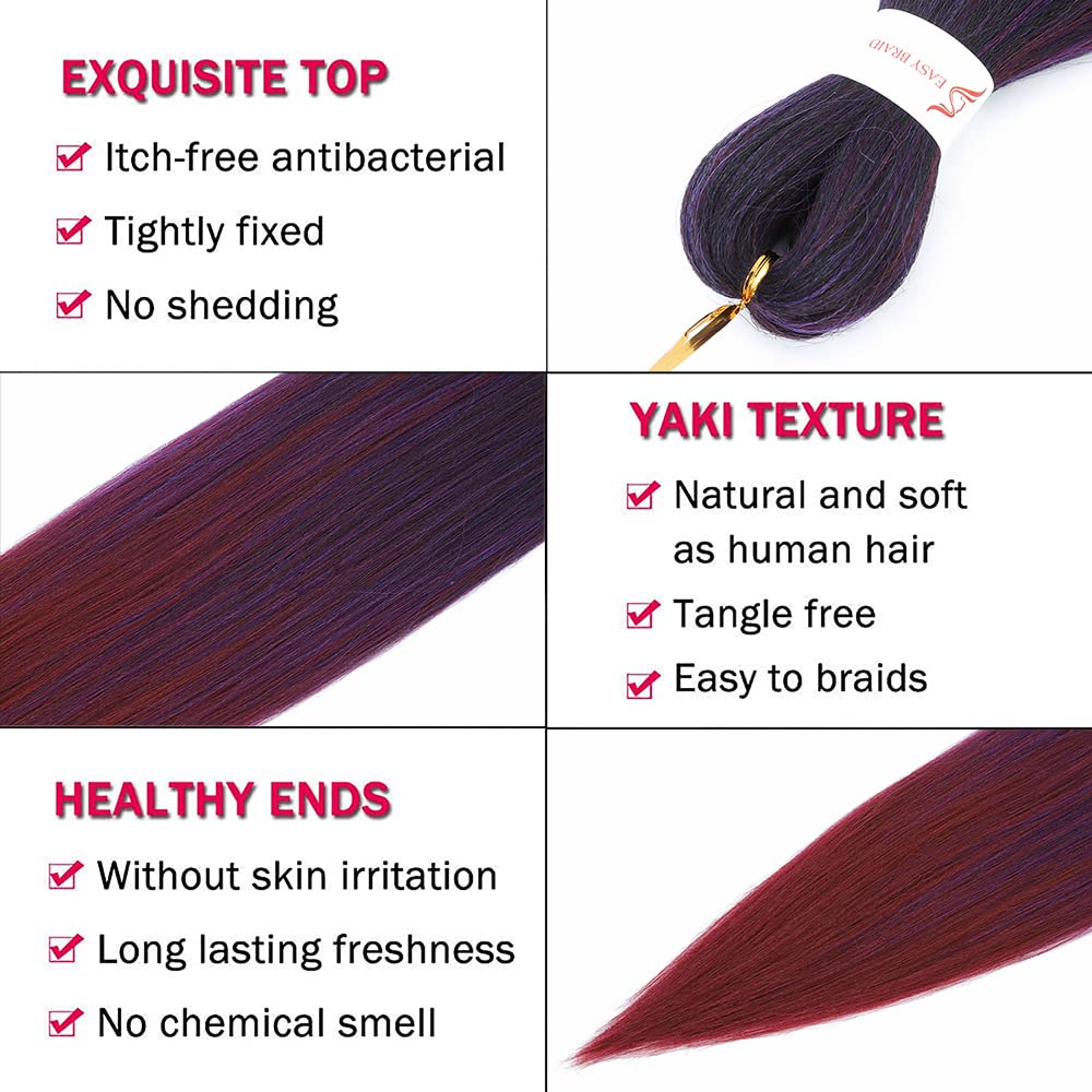 Pre Stretched Braiding Hair 26 Inch Ombre Purple Red 8 Packs Long Extensions for Twist Braids Itch Free Hot Water Setting Yaki Straight Synthetic Women