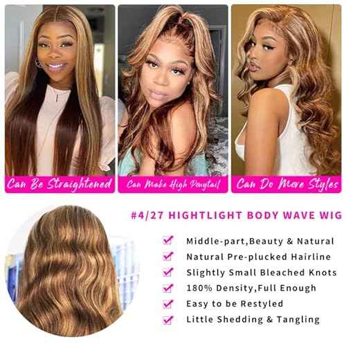 Aicrelery 4/27 Highlight 13x6 Lace Front Wigs Human Hair 13x6 Honey Blonde HD Lace Front Wig Pre Plucked with Baby Hair 180% Density Highlight Ombre Body Wave Lace Frontal wig for Women 20 Inch