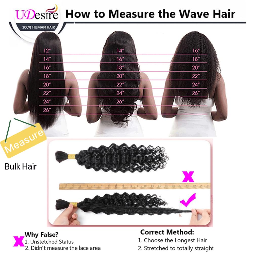 UDesire Hair Deep Wave Bulk Human Hair For Braiding No Weft (1 Pack-2 Bundles-100g) 100% Unprocessed Brazilian Virgin Human Hair Extensions Micro Braiding Human Hair Natural Black Color 14Inch