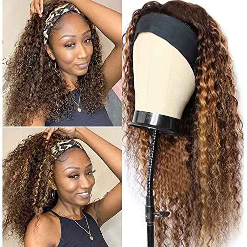 Highlight Deep Wave Wigs Human Hair 24 Inch Ombre Curly Headband Wig Human Hair Wigs for Black Women Human Hair Non Lace Front Wigs Brazilian Virgin Hair Brown Glueless Wear and Go Wigs Blonde