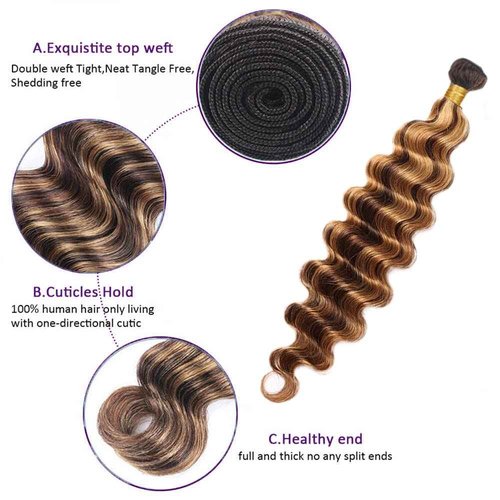 P4/27 Highlight Blonde Bundles Deep Wave Bundles Human Hair 16 16 16 Inch Unprocessed Brazilian Virgin Weave Hairs Brown 3 Bundle Human Hair Extensions 50 Gram Per Bundle