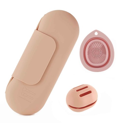 Silicone Makeup Brush Holder Set – Portable Travel Makeup Brush Holder with Makeup Sponge Holder and Foldable Cleaning Bowl – Upgraded 3-in-1 Cosmetic Organizer Set (khaki)