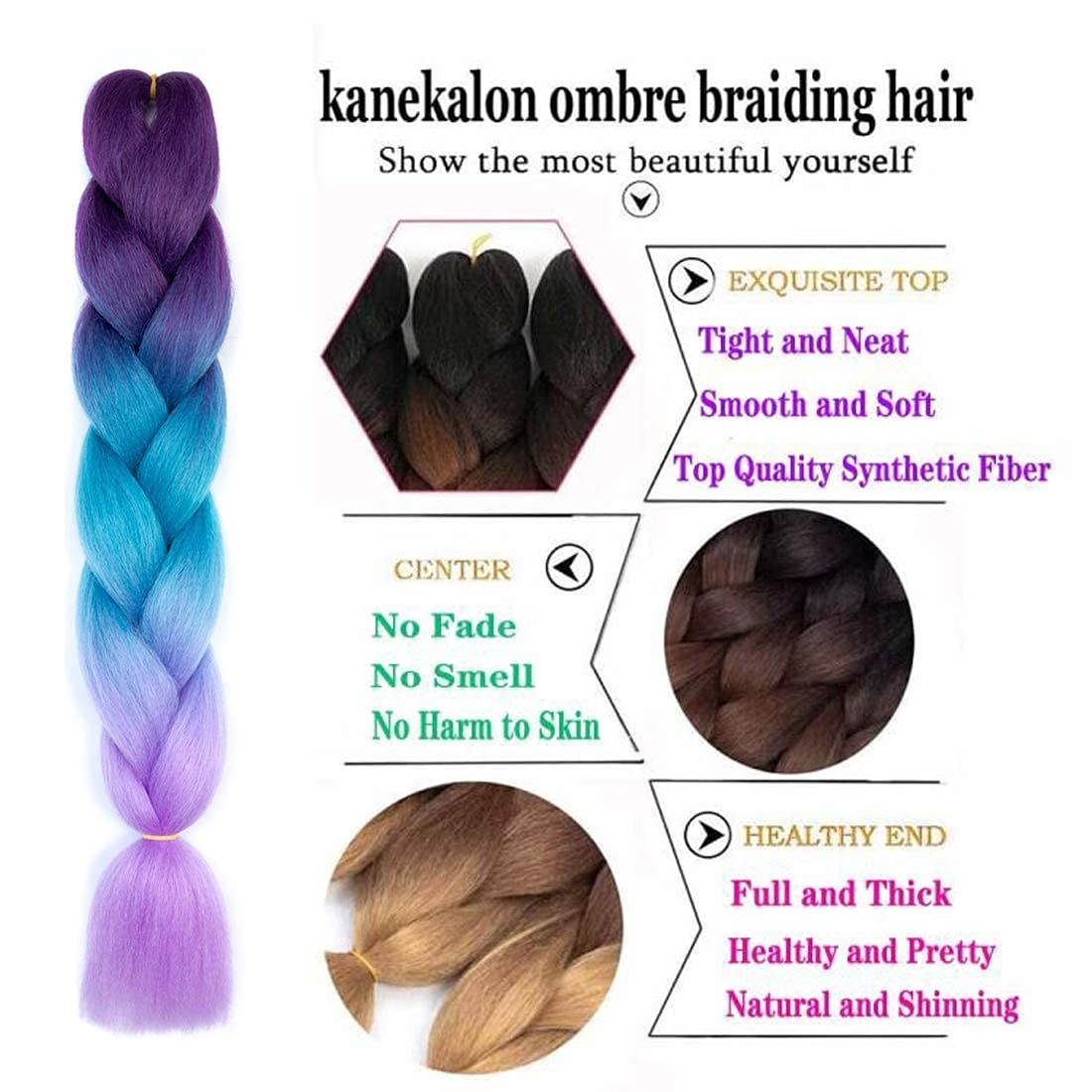 Xiaofeng 3 Packs 24Inch Kanekalon Braiding Hair Extensions Ombre Jumbo Synthetic Braids Hair Purple-Lake Blue-Light Purple